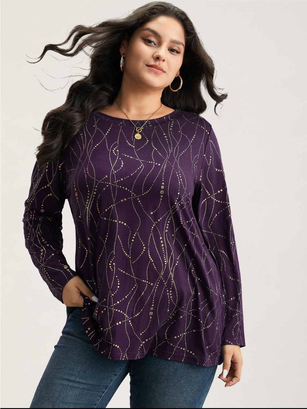 BloomChic Purple Long-Sleeve Metallic Dot Pattern Top size 1X (14-16)